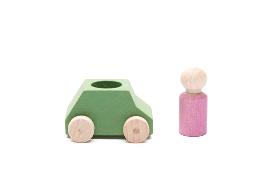 Wooden Toy Car Mint Green with Pink Figure