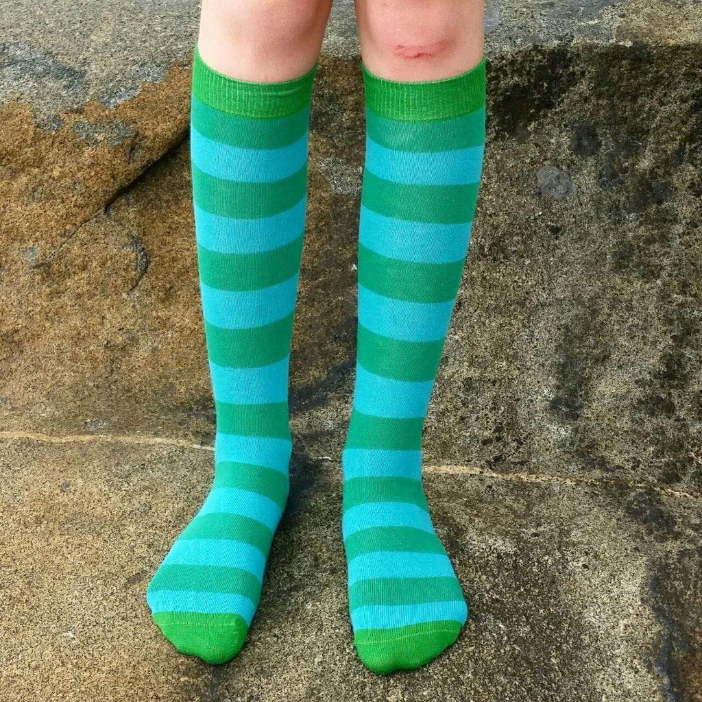 Organic Knee Socks: Pepper Green and Turquoise Stripe Clothing  at Biddle and Bop