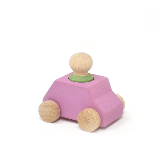 Wooden Toy Car Pink with Green Figure