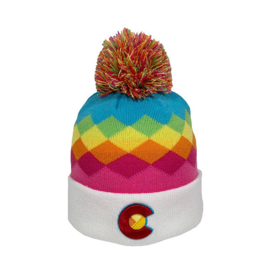 Kids Winter Beanie: Rainbow White Argyle