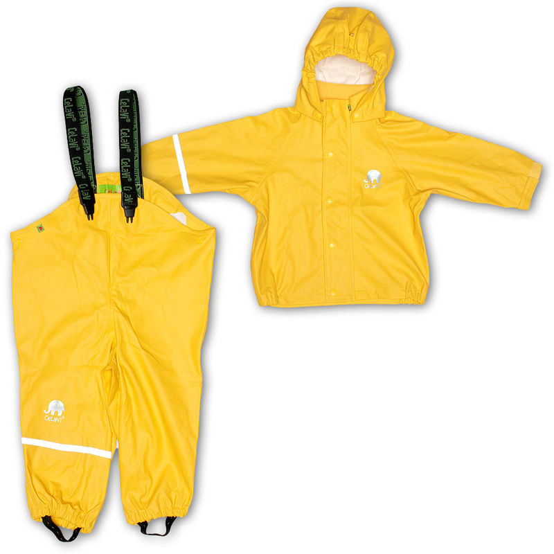 Flat lay of waterproof rain jacket and bibbed pants set for kids in yellow. Bibs come with sizes 70-100cm.