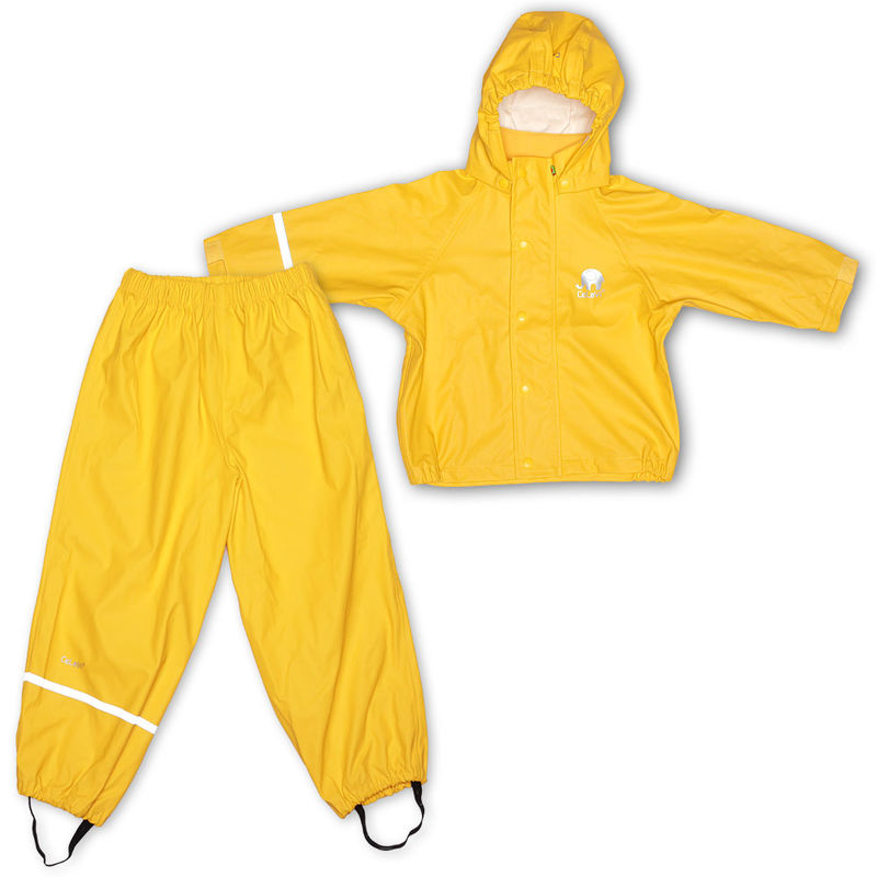 Flat lay of waterproof rain jacket and bibbed pants set for kids in yellow. Elastic waist comes with sizes 110cm and up.
