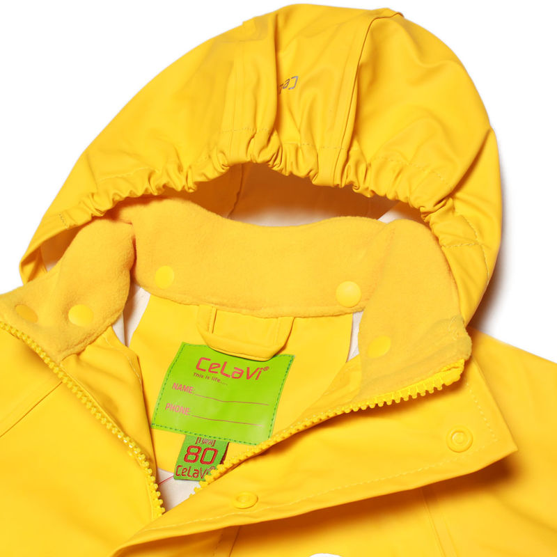 Close-up of hood on kids’ waterproof rain jacket in yellow.