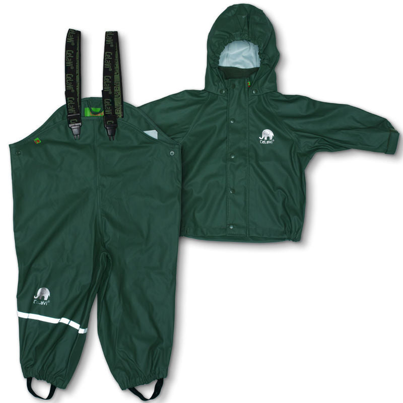 Flat lay of waterproof rain jacket and pants set for kids in dark pine green. Bibbed pants come with sizes 70-100cm.