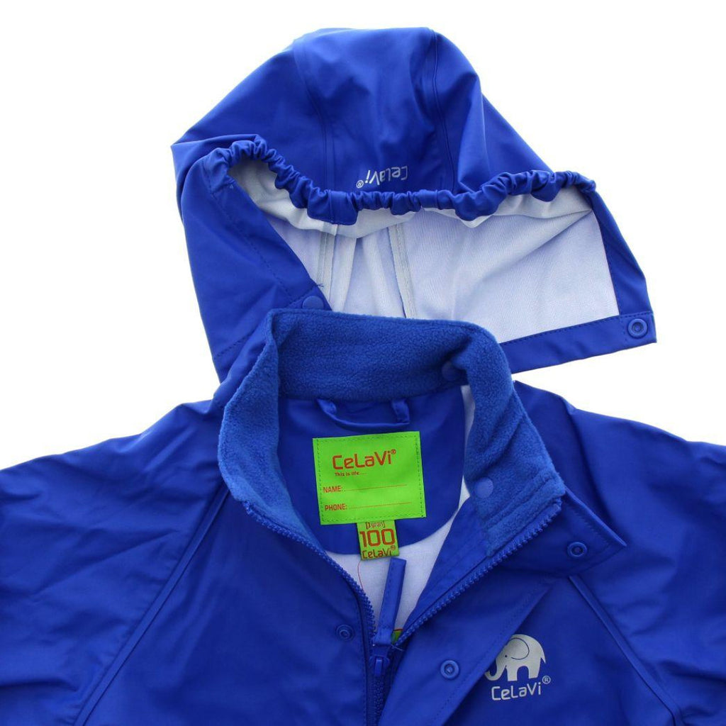 Close-up of hood on kids’ waterproof rain jacket in classic bright blue
