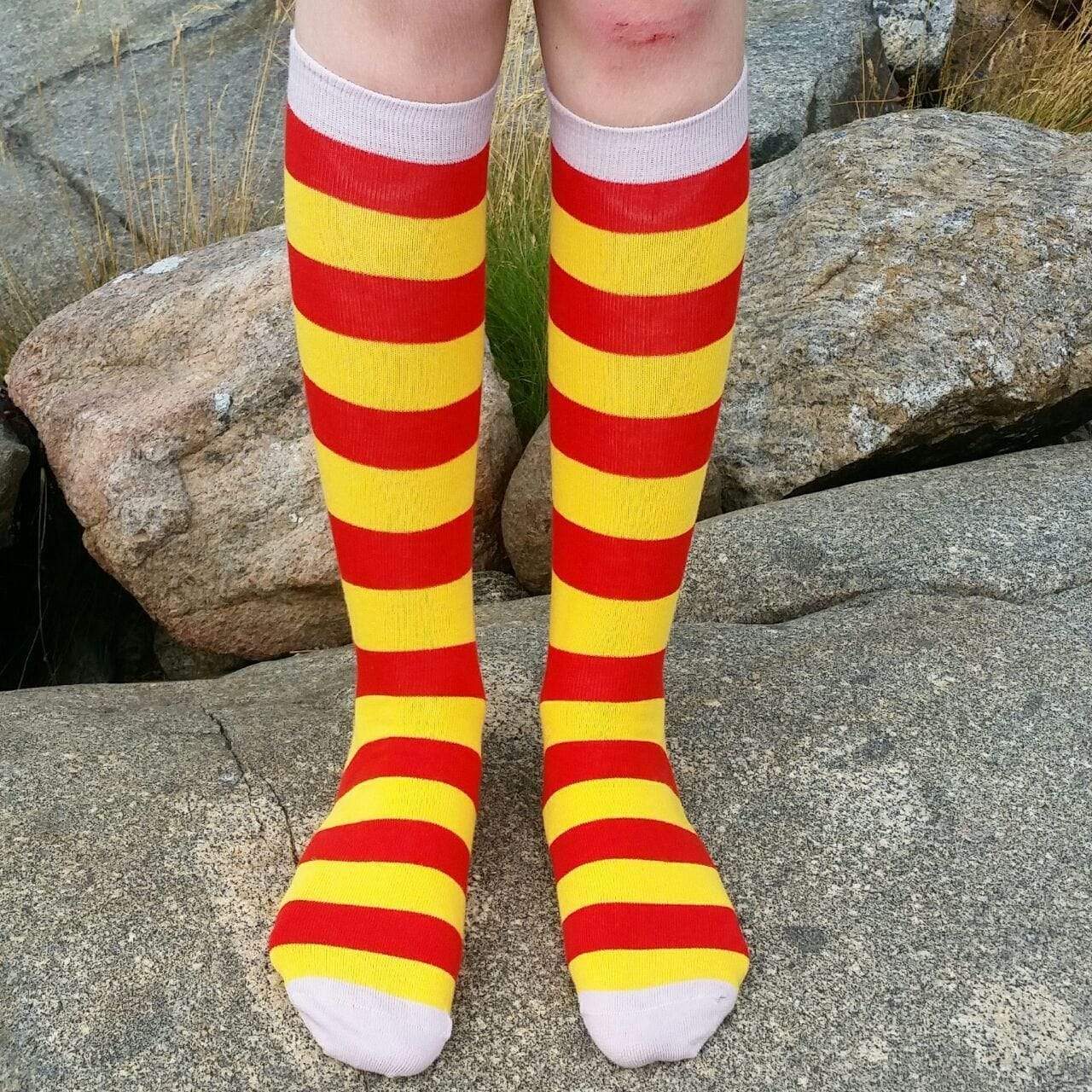 Organic Knee Socks: Tomato Red and Yellow Stripe 2-4 Youth | 33/36 Euro