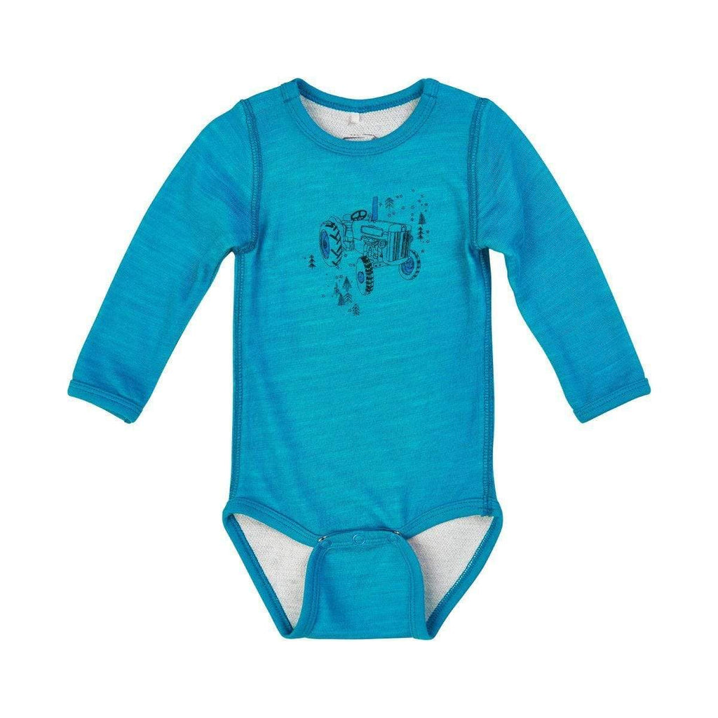 Merino Wool/Bamboo BodySuit: Blue Tractor Fleece and Woolies  at Biddle and Bop