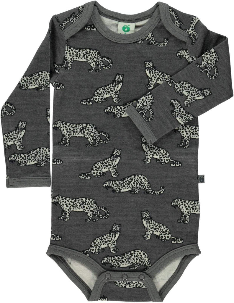 Wool and Cotton Body Suit: Leopard Grey Fleece and Woolies  at Biddle and Bop